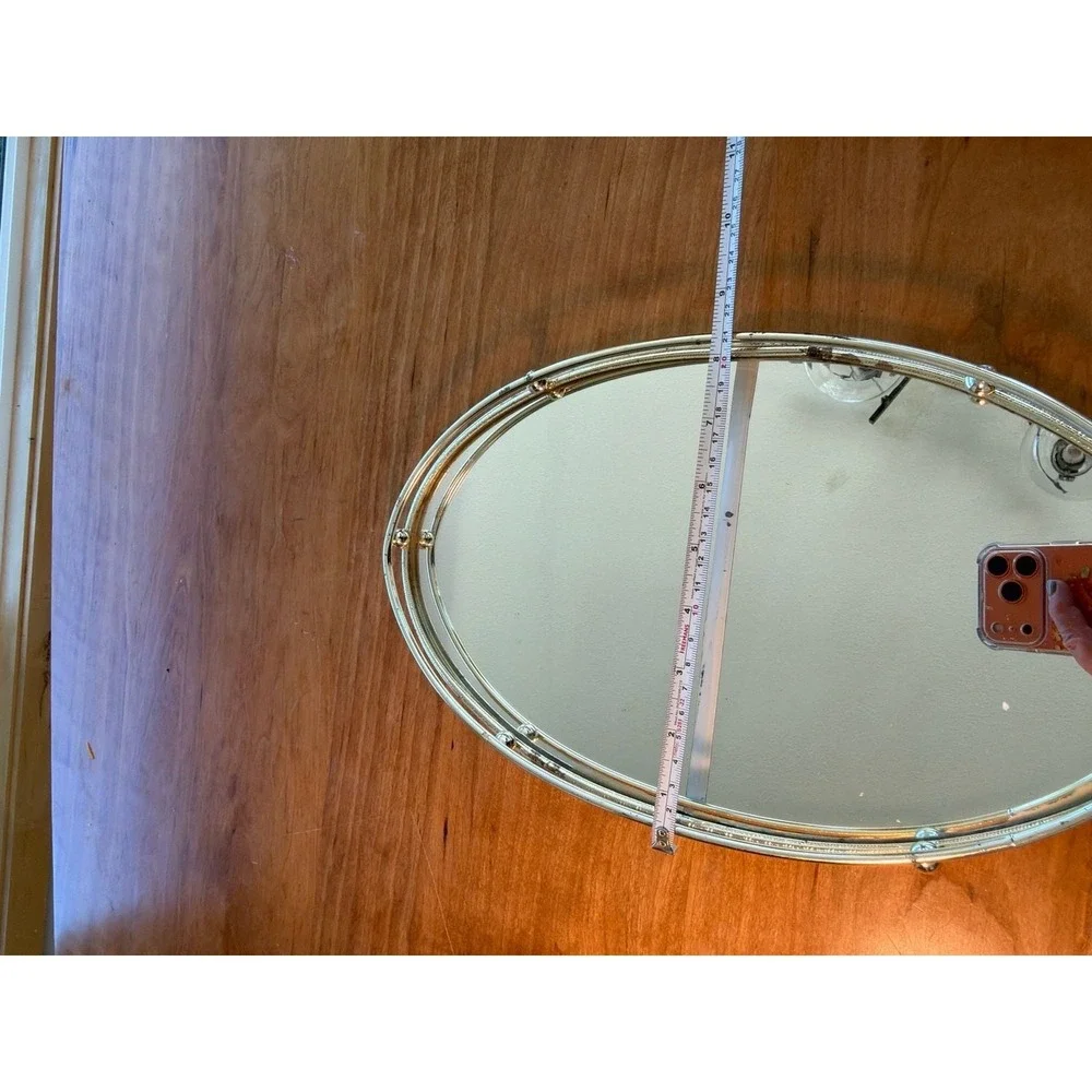 Vintage Mid-Century Hollywood Regency Oval Brass Mirrored Vanity Tray